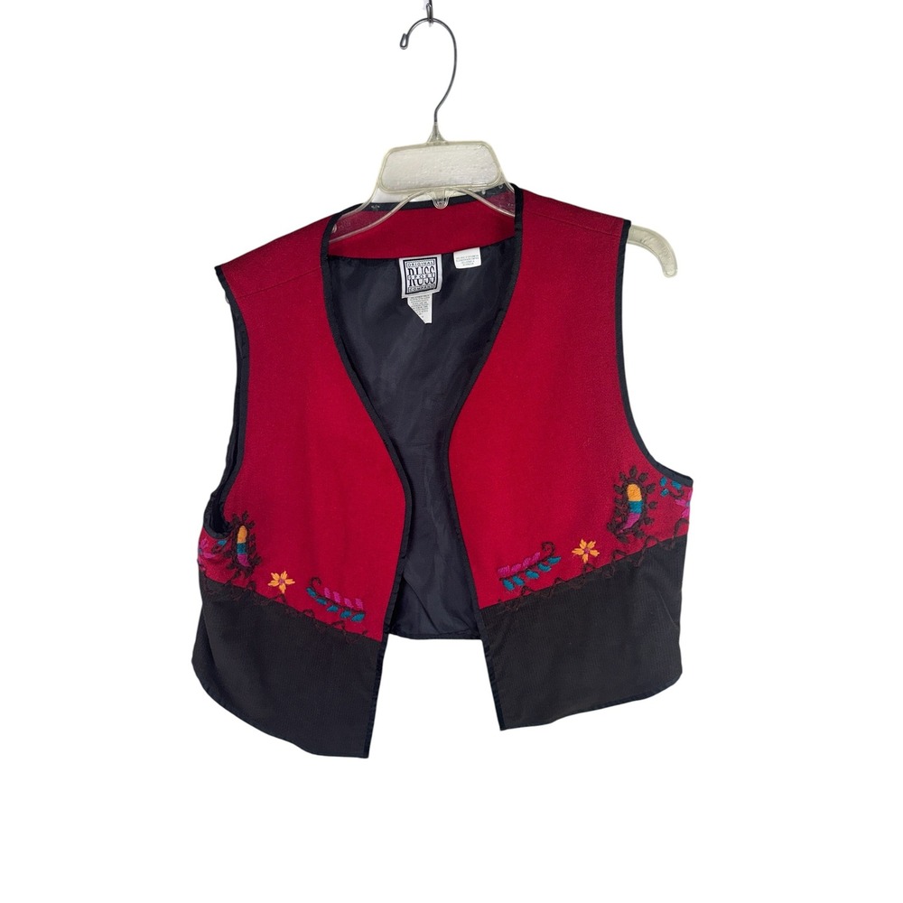 Russ Sport Company Vintage Red Black Wool Blend Floral Embroidered Vest Womens M